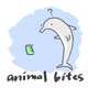 This is an illustration of animal bites changing the shape of plastic. Suspended in the ocean is what looks like a thermos while a dolphin inspects it, quizzically.